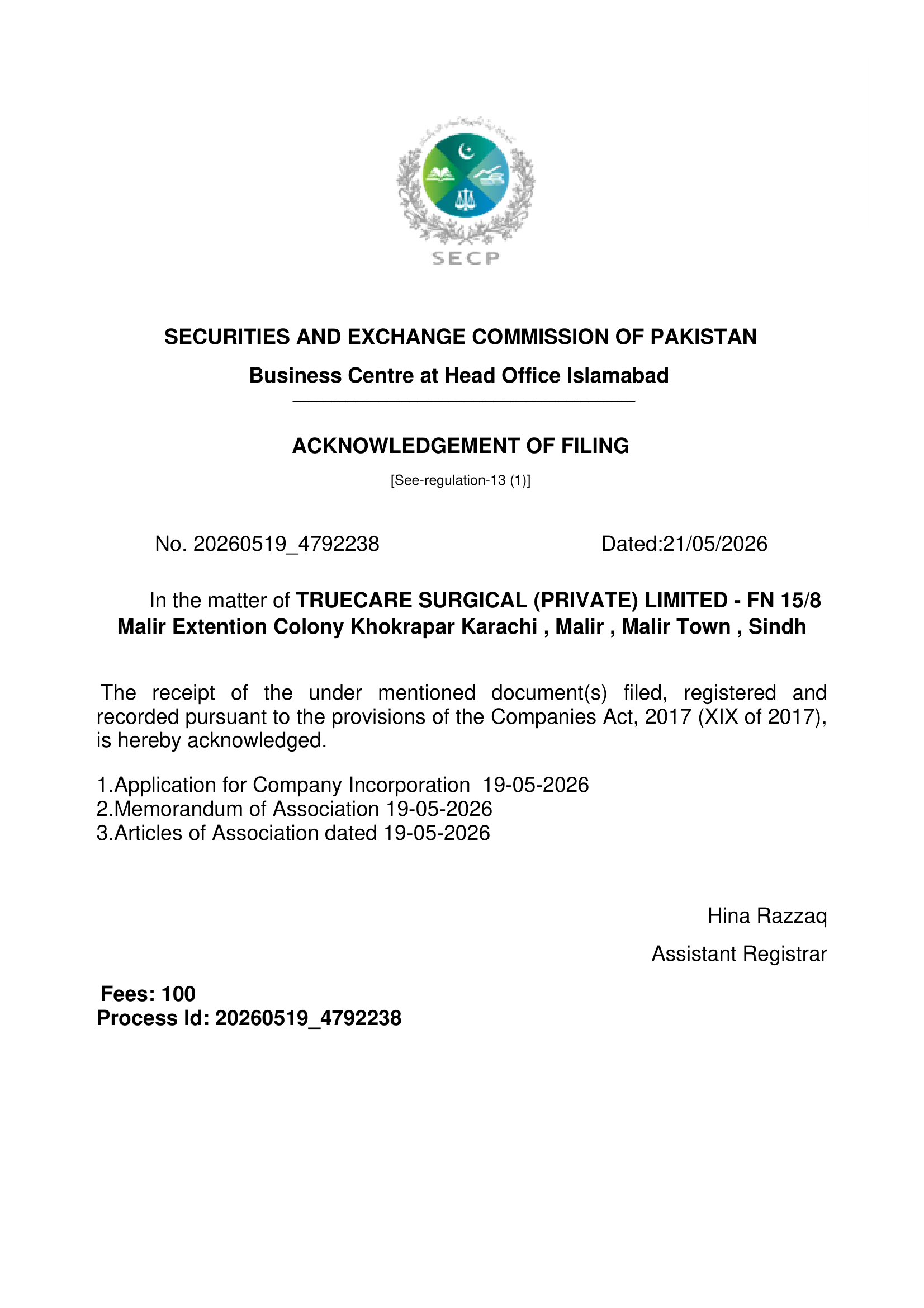 Acknowledgement of Filing (Incorporation)